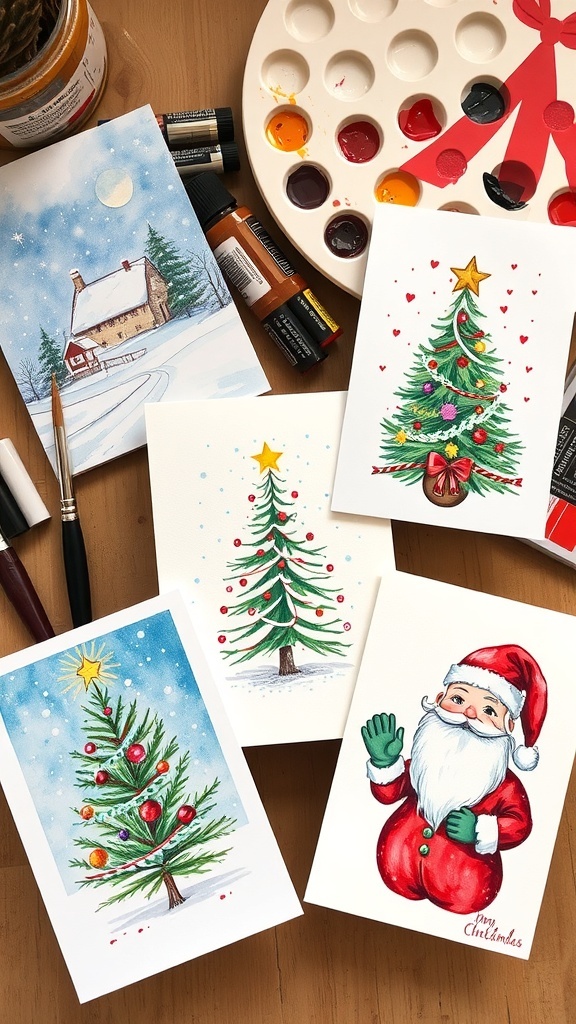 Creative Christmas Card Painting Ideas Hand-painted Christmas cards with winter scenes, Christmas trees, and Santa, surrounded by art supplies.